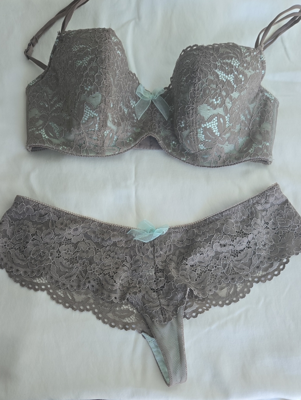 Lace Balconette Bra & Bikini  Set in Taupe with Mint Accent